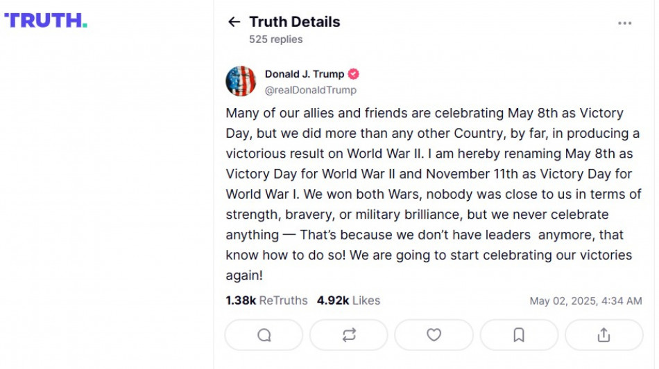 Trump, 11/11 e 8/5 Giorni Vittoria in 2 guerre mondiali