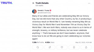 Trump, 11/11 e 8/5 Giorni Vittoria in 2 guerre mondiali